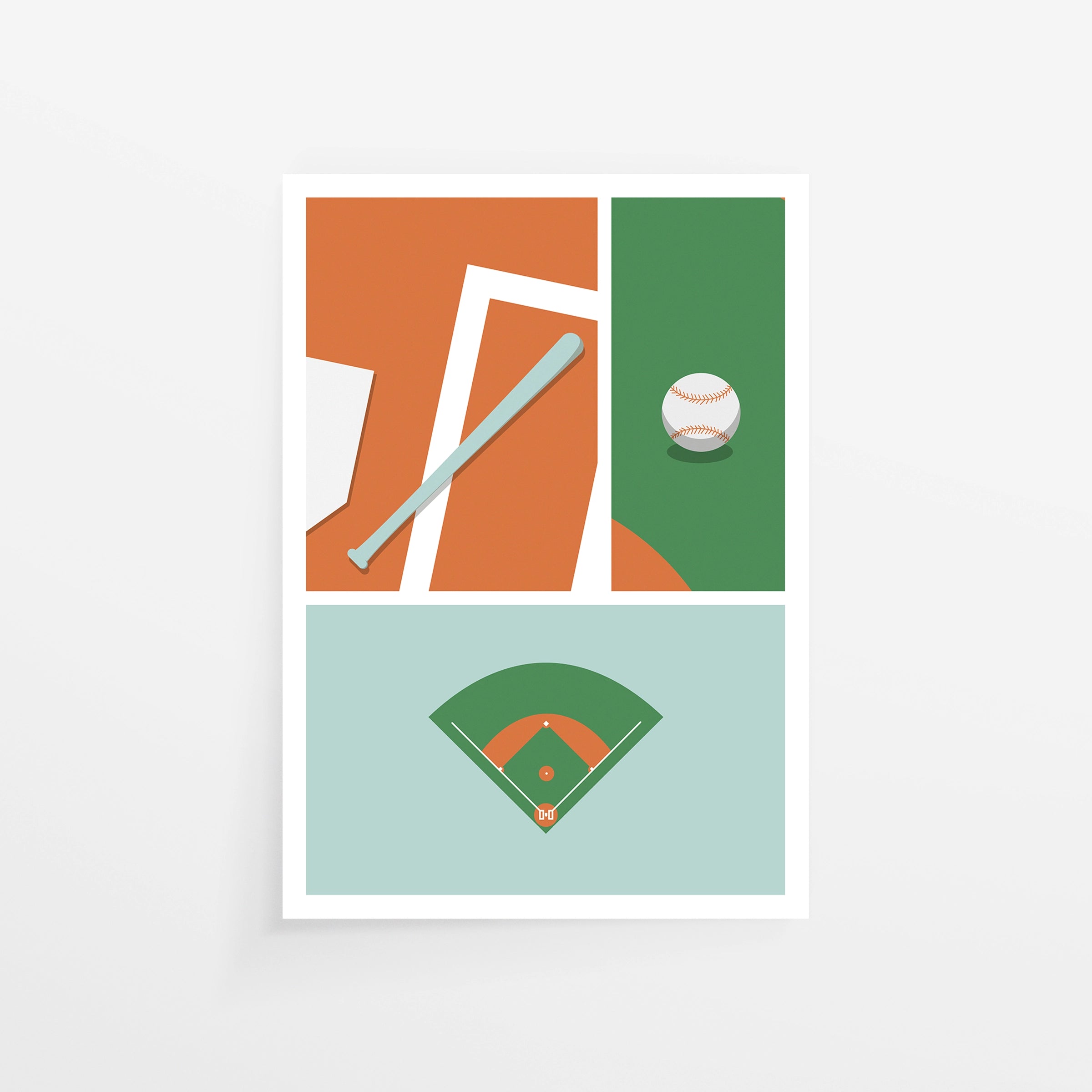 Poster Baseball, composizione grafica flat design con mazza, pallina e diamante verde