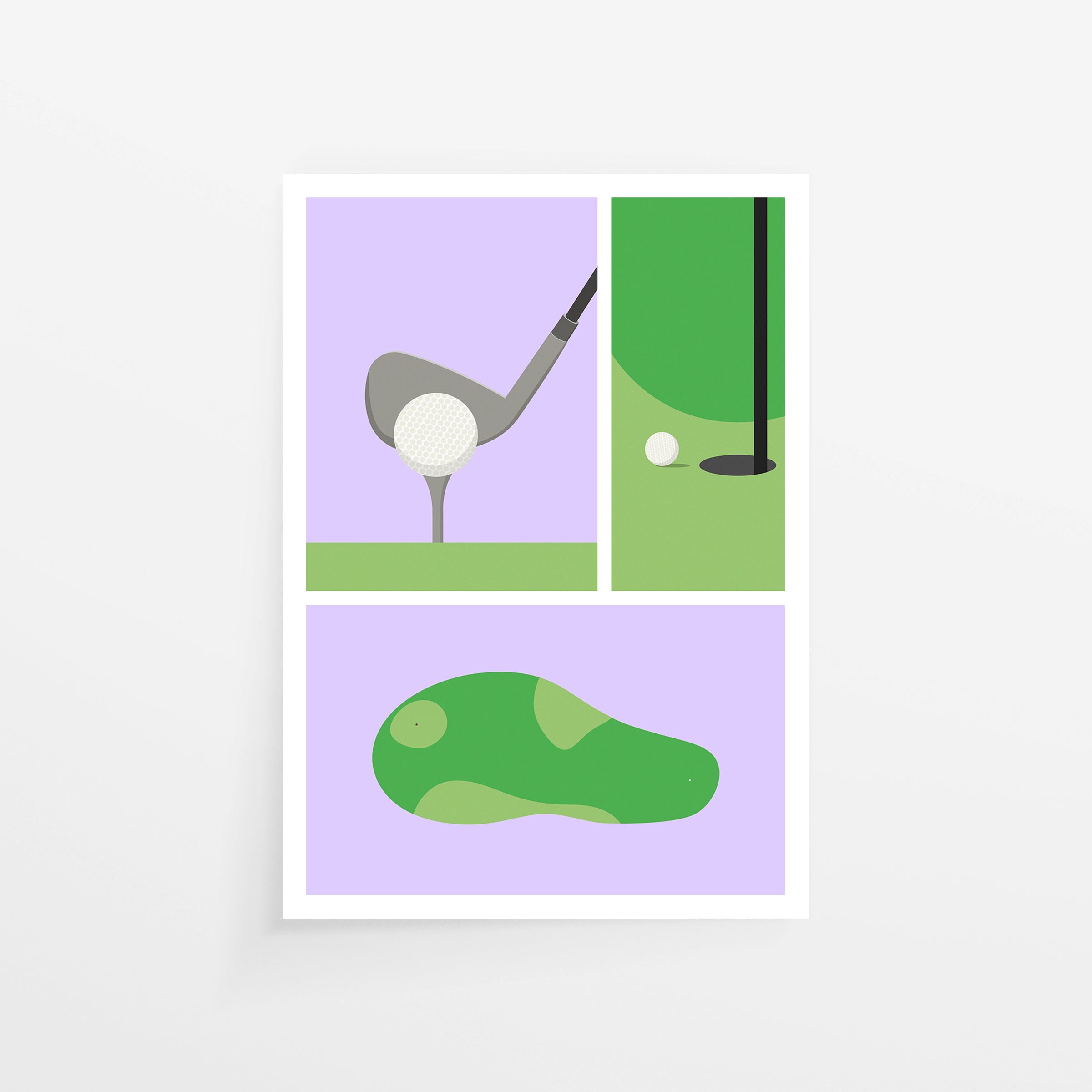 Poster Golf, composizione grafica flat design con ferro, pallina e green