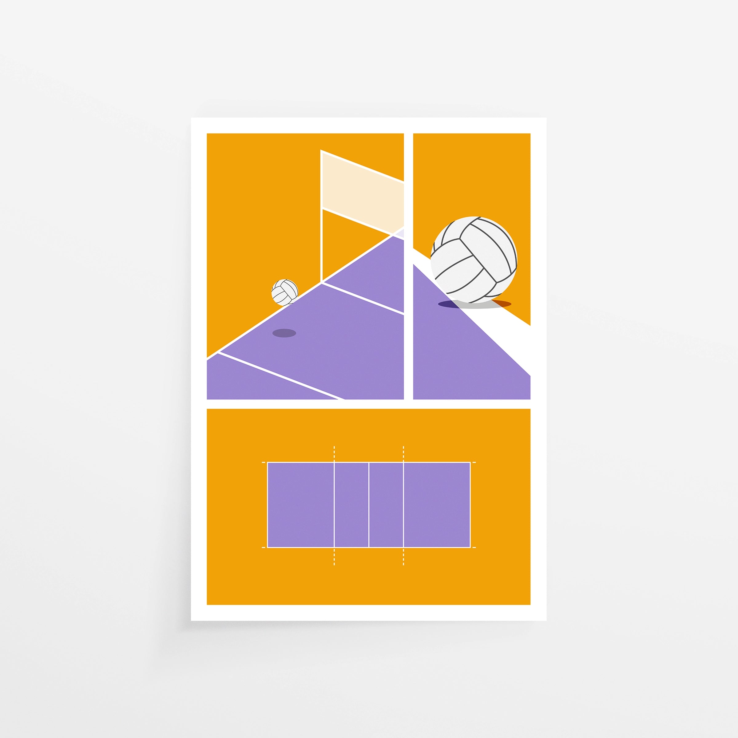Poster Pallavolo, composizione grafica flat design con pallone e campo pallavolo arancione viola